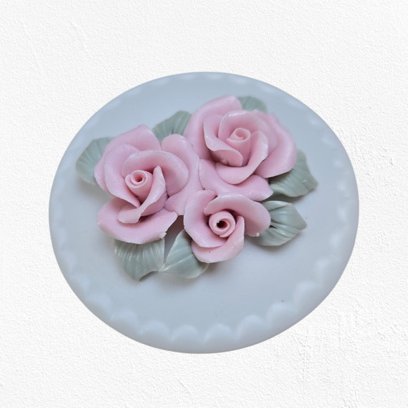 70s Vintage Bisque Rose Porcelain Matte Deadstock Bell Jewelry Dish Trinket Set - Picture 7 of 13